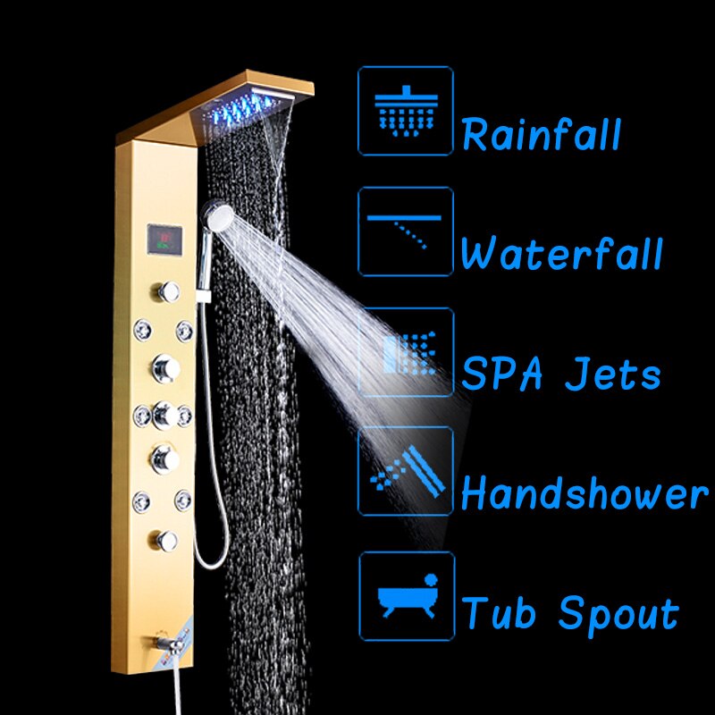 Juno Golden Stainless Steel Contemporary Bath Shower Panel With Shower & Faucet