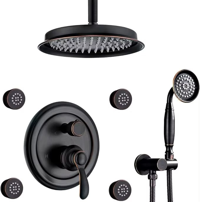 Antique Brass 9 Inch Thermostatic Rainfall Shower System Handheld Spray Faucet Sets Brushed Finish