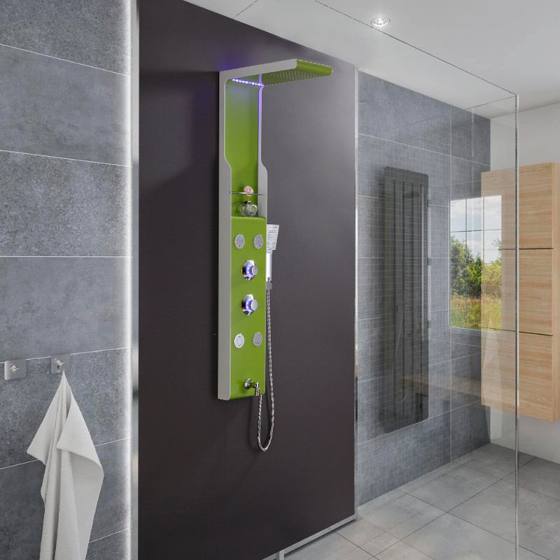 Juno New Design Green Finish Stainless Steel Rainfall LED Shower Panel with Handheld Shower 4 Body Jets