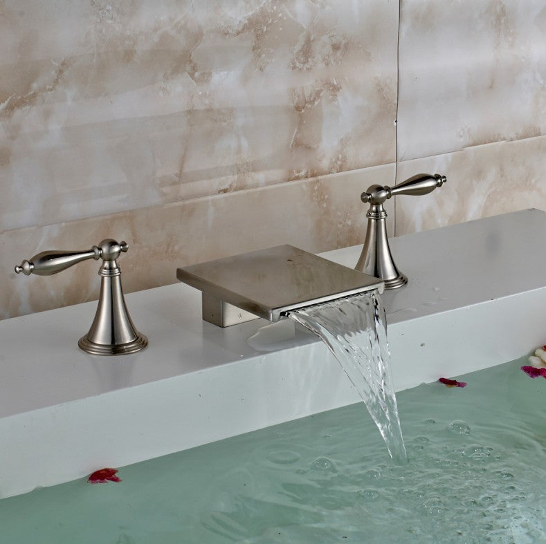 Brushed Nickel Finish Long Dual Handle Bathtub Waterfall Faucet
