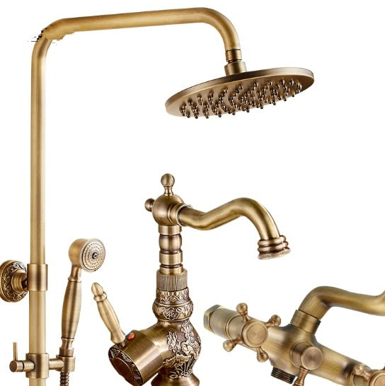 Antique Bronze Shower Head Round Brass with Hand Held Shower & Antique Bathroom Faucet