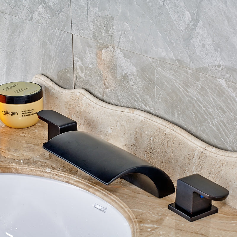 Black Deck Mounted Widespread Waterfall Bathroom Sink FaucetBlack Deck Mounted Widespread Waterfall Bathroom Sink Faucet