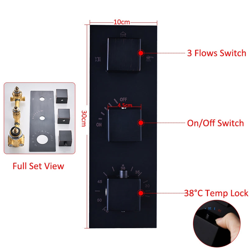 Black Rainfall Thermostatic Shower Head with 6 Jet Spa Bathroom Shower