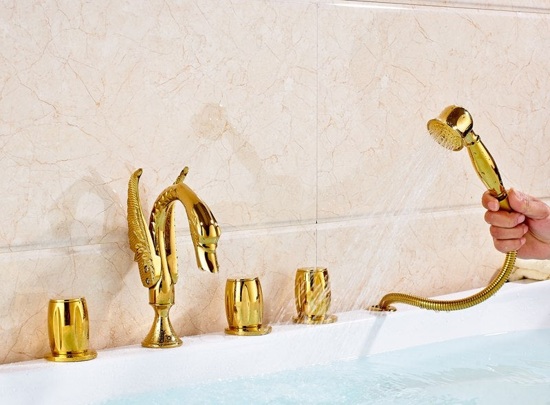 Deck Mount Gold Triple Handle Bathtub Faucet with Hand Shower