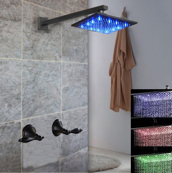 Poitiers Oil Rubbed Bronze 8" LED Rain Shower Head Double Handles Valve Mixer Tap Sprayer