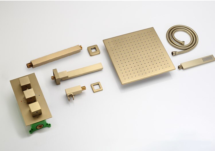 Juno Thermostatic Square Rainfall Style Wall Embedded Gold Shower Faucet Set With Tub Spout