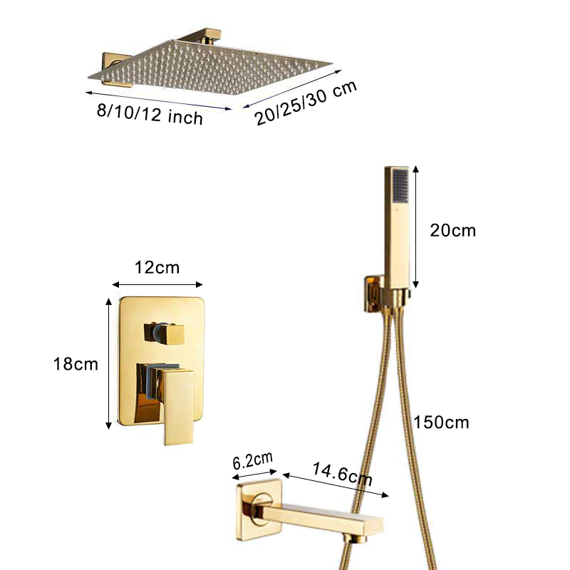 Large Adjustable Gold Rain Shower Set Mixer & Faucet With Handheld Shower