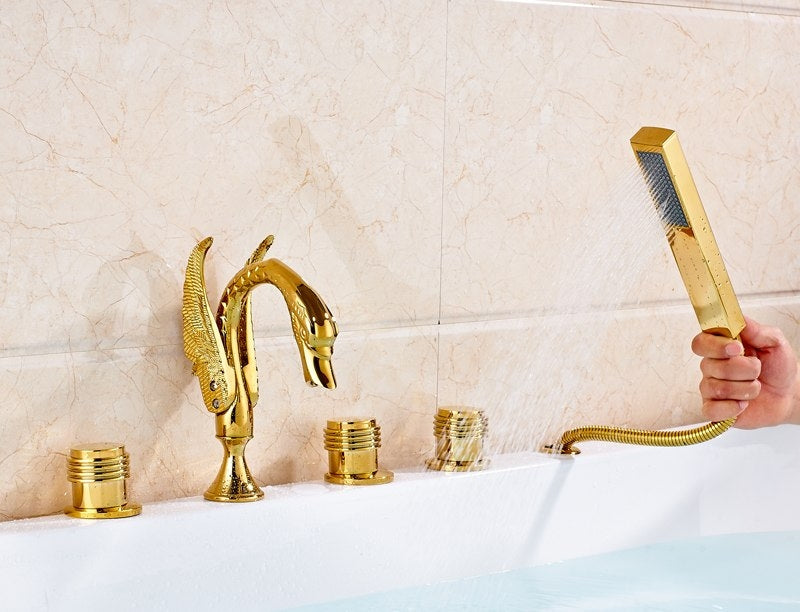 Gold Swan Bathtub Faucet with Spray Hand Shower