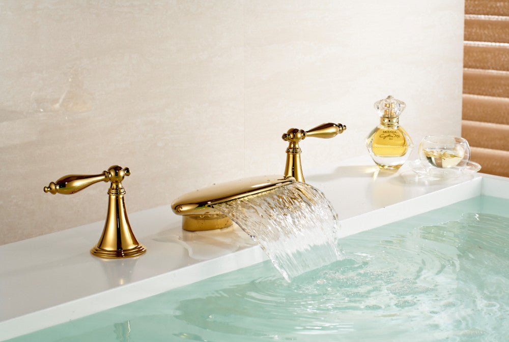 Reims Golden Double Handles Bath Centerset Sink Faucet Deck Mount Mixer Tap