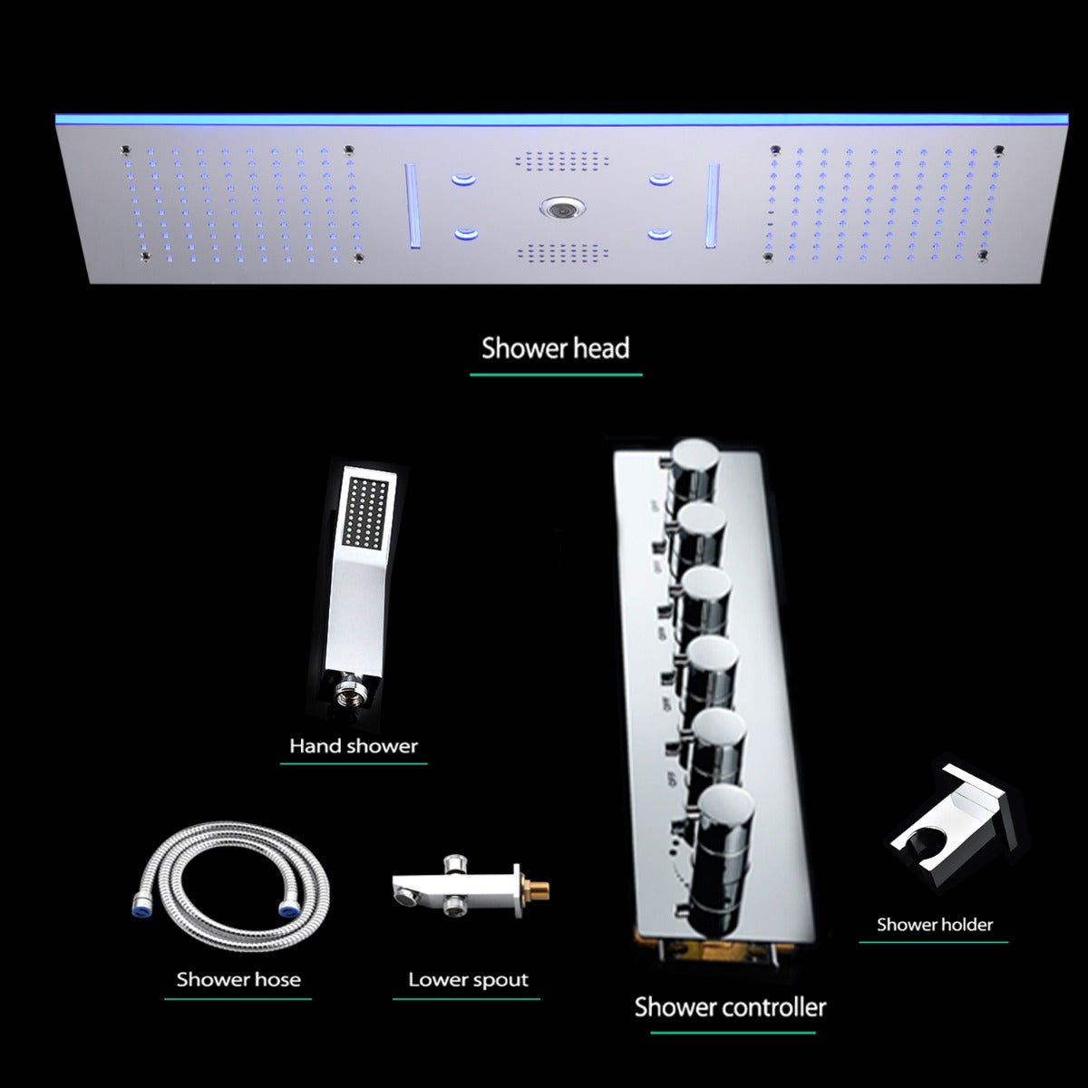 Juno Ceiling Concealed Chrome LED Shower Head Panel Kit with Bluetooth Music and Thermostatic Mixer Valve