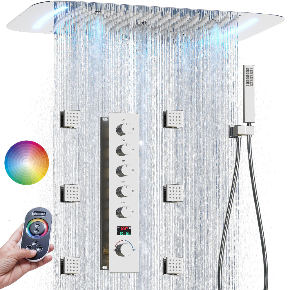 Juno Concealed Ceiling Mounted Shower Set Waterfall & Digital Thermostat, 6 Handles