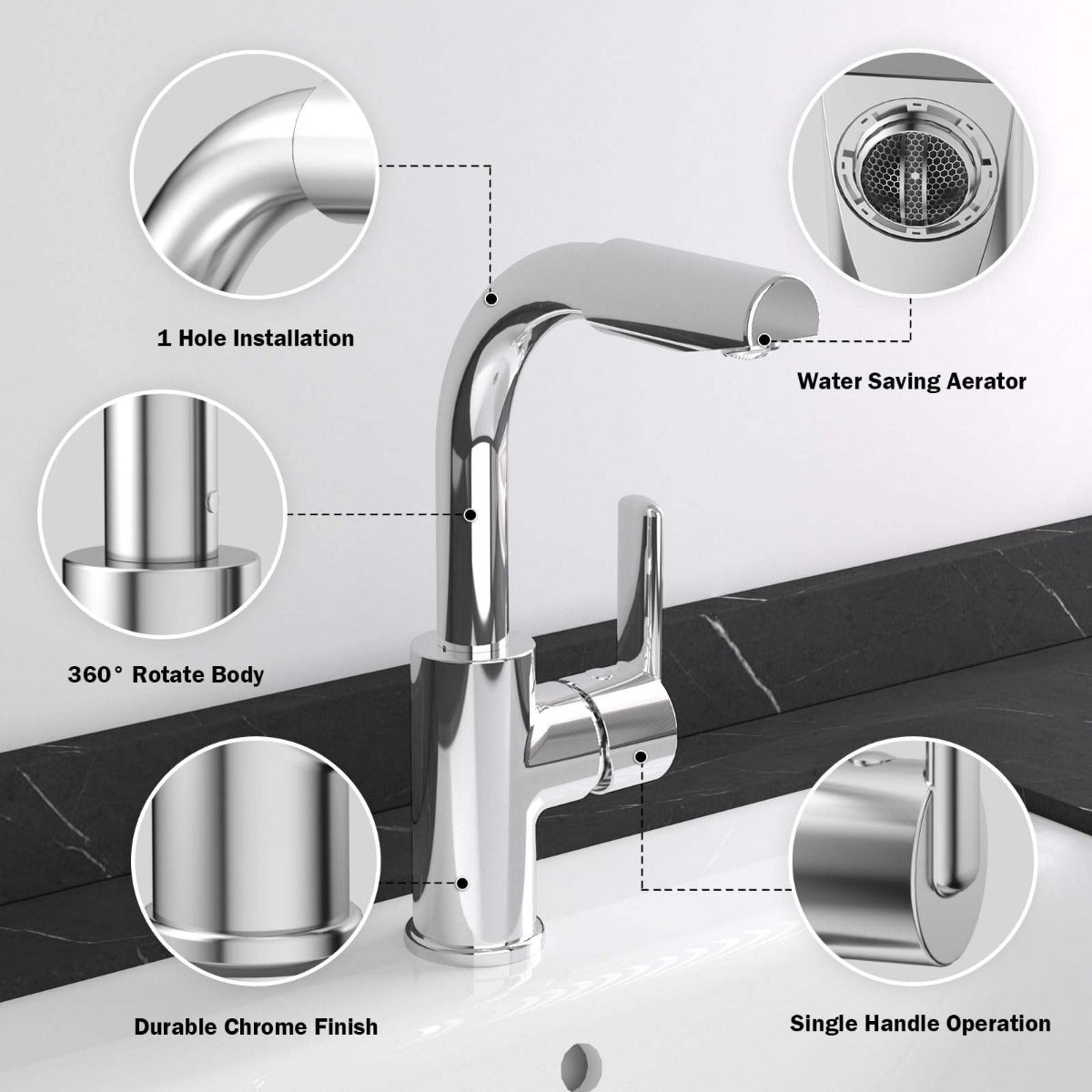 Juno Deck-Mounted Chrome Single-Handle Bathroom Basin Faucet Mixer with 360-Degree Rotation and Water-Saving Aerator