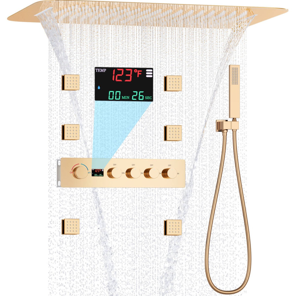 Juno Digital Display Ceiling Mount Shower System Rainfall Shower Faucet with Body Jets