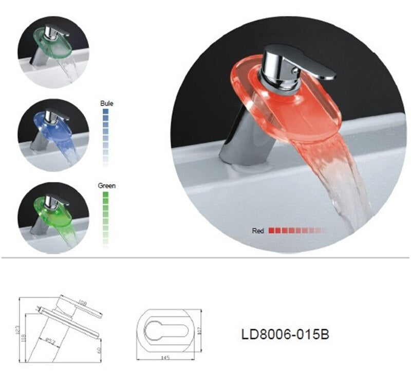 Juno 18CM Brass Chrome Finish Glass LED Bathroom Waterfall Sink Faucet