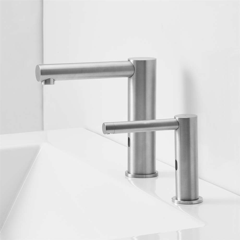 Juno Commercial Brushed Nickel Finish Deck Mounted Commercial Bathroom Touchless Faucet With Soap Dispenser