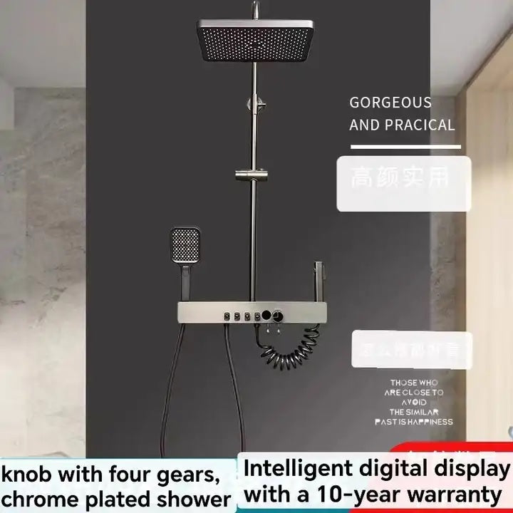 Juno Commercial Gun Gray Wall Mounted Digital Display Triple Handle Bathroom Shower Set