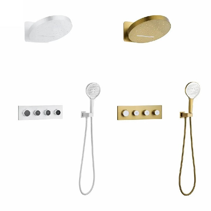 Juno Commercial Rose Gold Wall Mounted Four Handle Bathroom Rainfall Shower Set