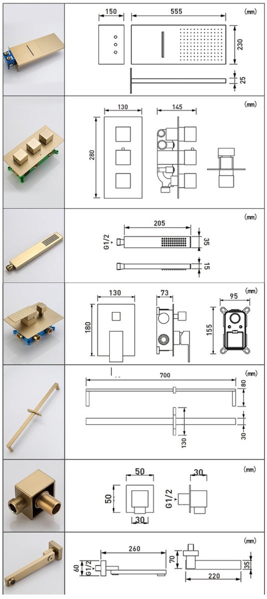 Juno Polished Gold Thermostatic Rain Shower Faucet Set