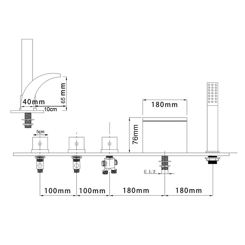 Juno Triple Handles Waterfall LED Bathtub Faucet with Hand-Shower