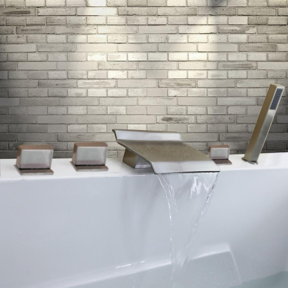 Juno Triple Rectangle Handle Brushed Waterfall Bathtub Filler with Square Hand Held Shower