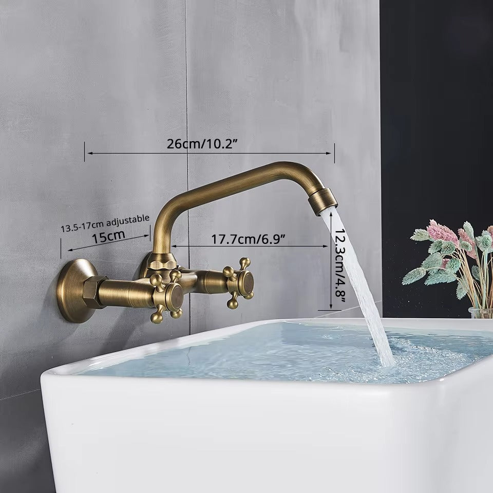 Juno Wall Mount Brass Kitchen Faucet Dual Handle Kitchen Sink Tap