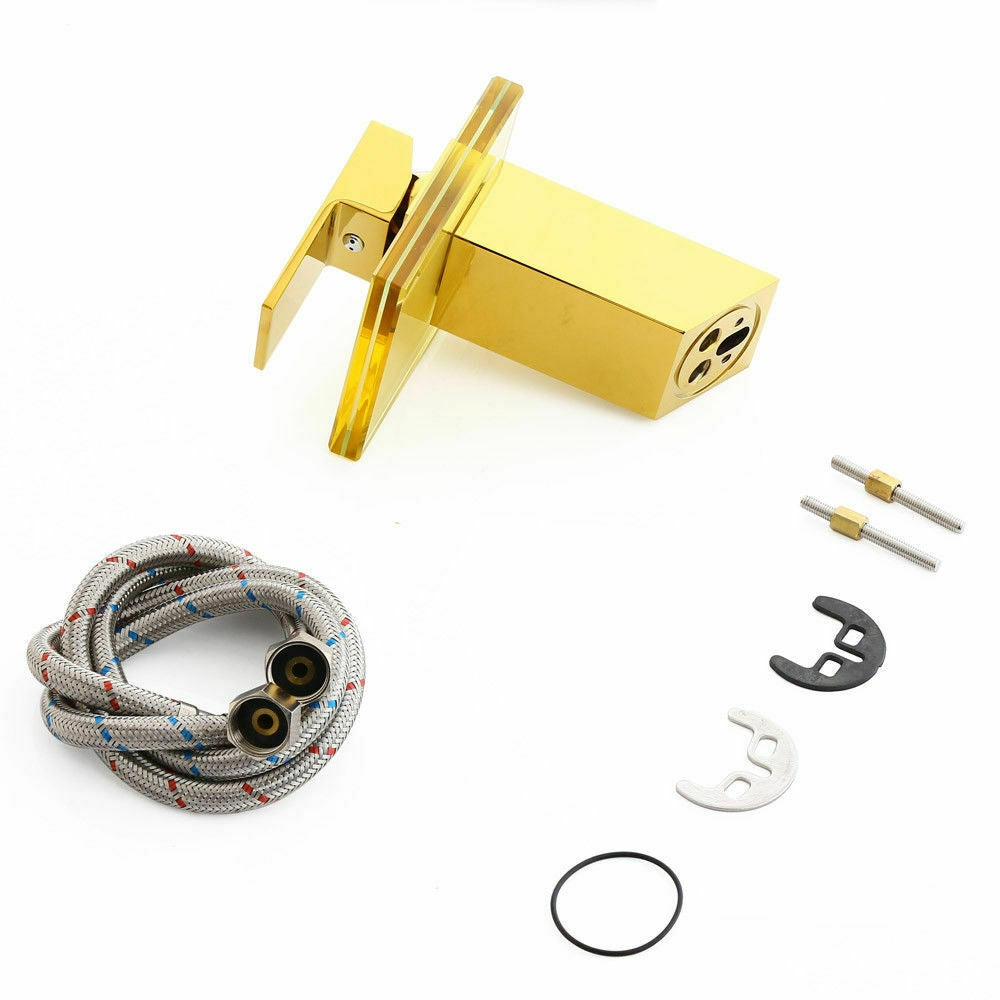 Juno Waterfall Gold Finish Bathroom Sink Faucet with Yellow Glass Spout