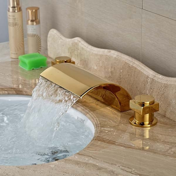 Juno Widespread Gold Bath-Tub Waterfall Faucet Double Handles Mixer Tap