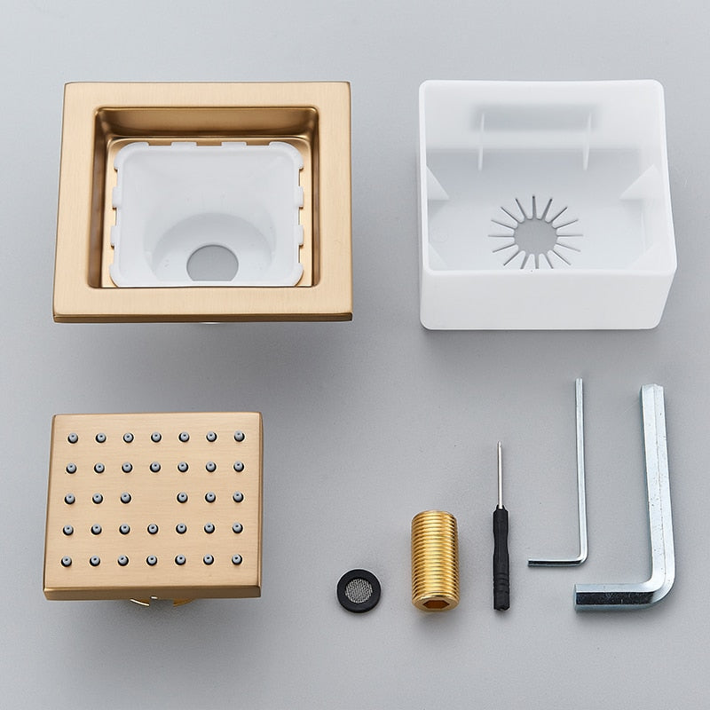 Juno Brushed Gold LED Rain Shower Head Square Thermostatic Shower Mixer