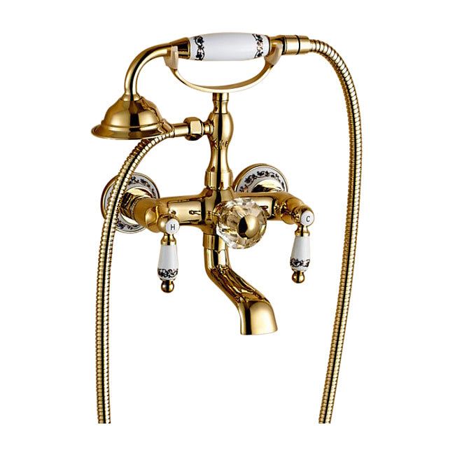 Luxury Wall Mount Gold Finish Rotating Clawfoot Bathtub Faucet with Handheld Shower Head