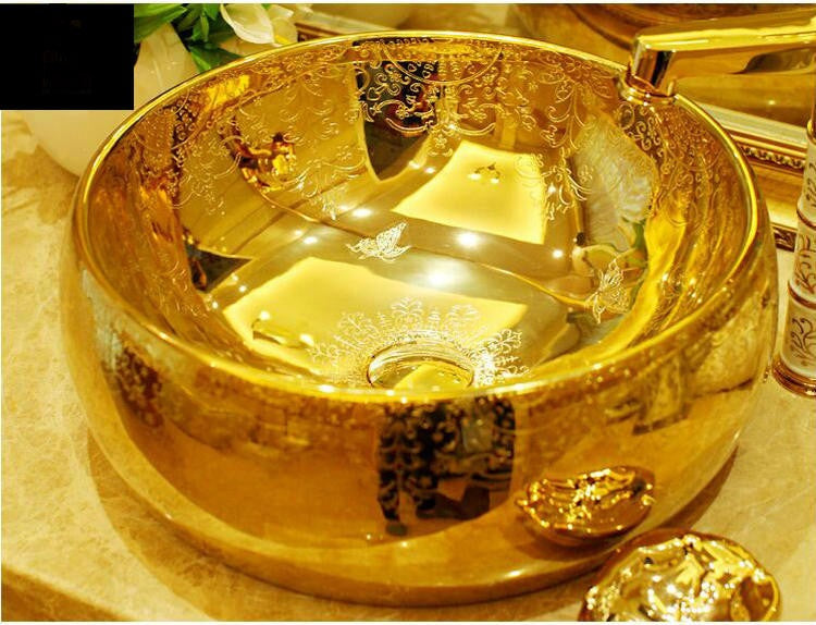 Luxury Lumia Oval Gold Cursive Designed Porcelain Countertop Semi Counter Sink Washbasin