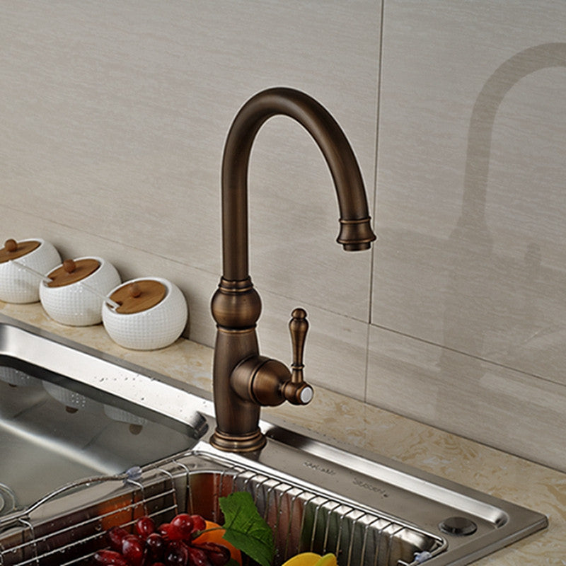 Antique Brass Single Handle Spout Rotating Kitchen Faucet