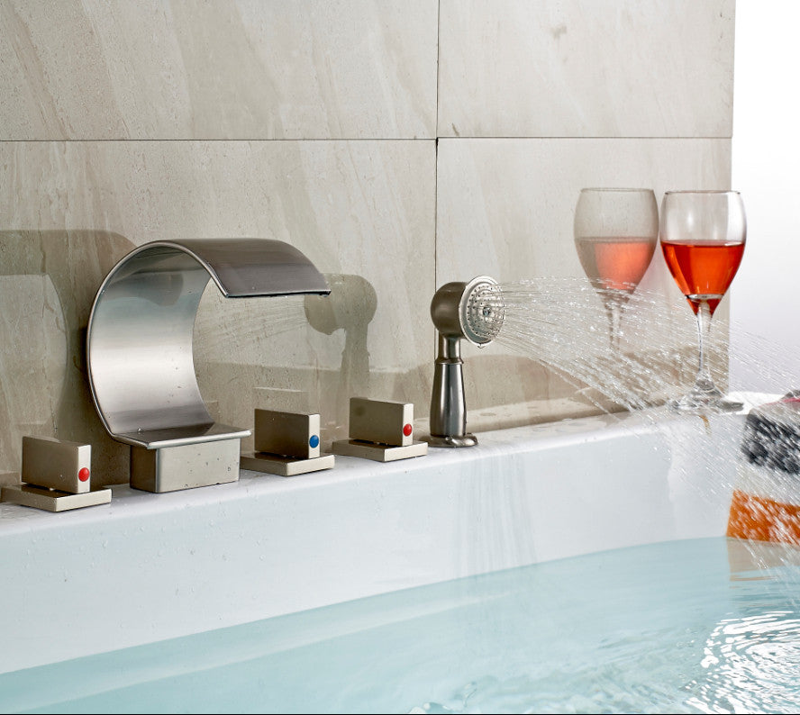 Modern Design Waterfall Three Handle Brushed Nickel Bath Tub Faucet