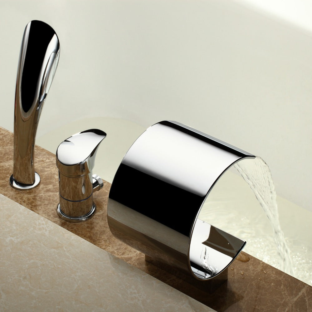 Tours MPF02 Roman Chrome C Shape Waterfall Bath Tub Faucet Mixer Tap With Hand Spray Shower