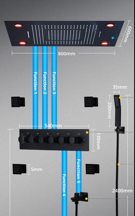 New 5 Function Super Luxury Oil Rubbed Bronze Shower Head With 4 LED Rainfall Shower System