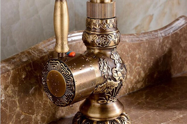 Raleigh High Quality Luxury Antique Bronze Copper Sculptured Deck mounted Bathroom Sink Faucet