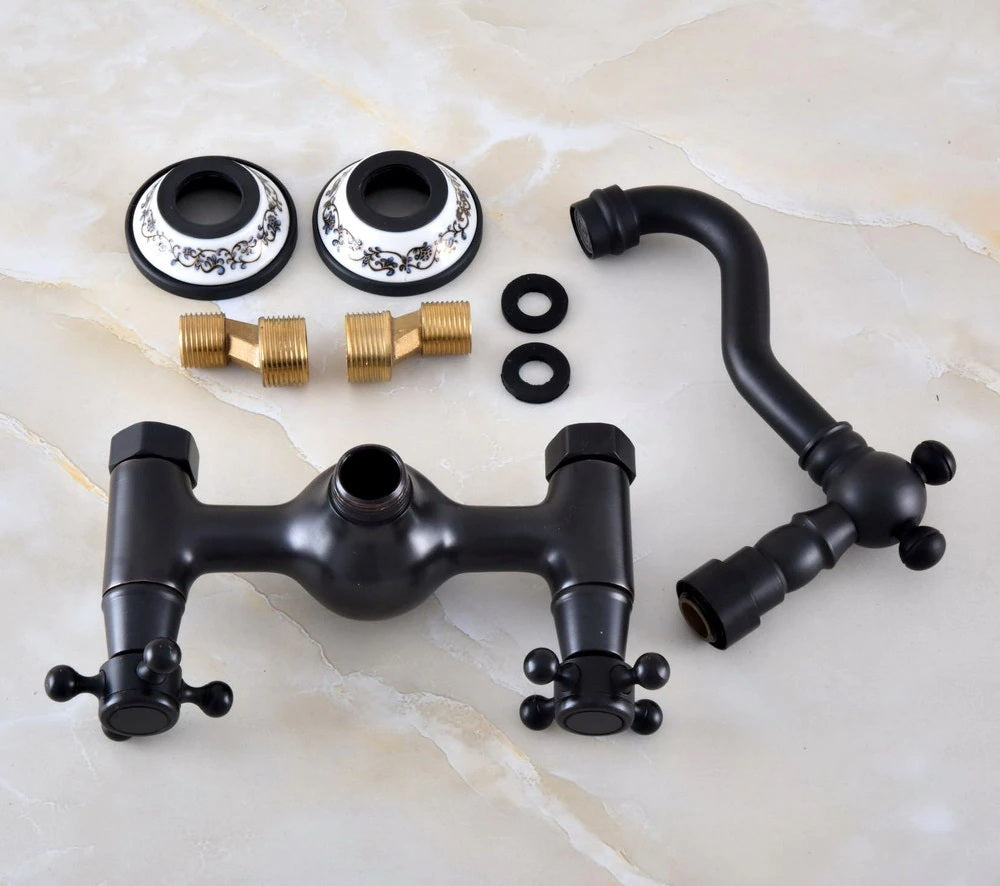 Juno Contemporary Black Brass Short Swivel Wall Mount Dual Cross Handles Kitchen Sink Faucet