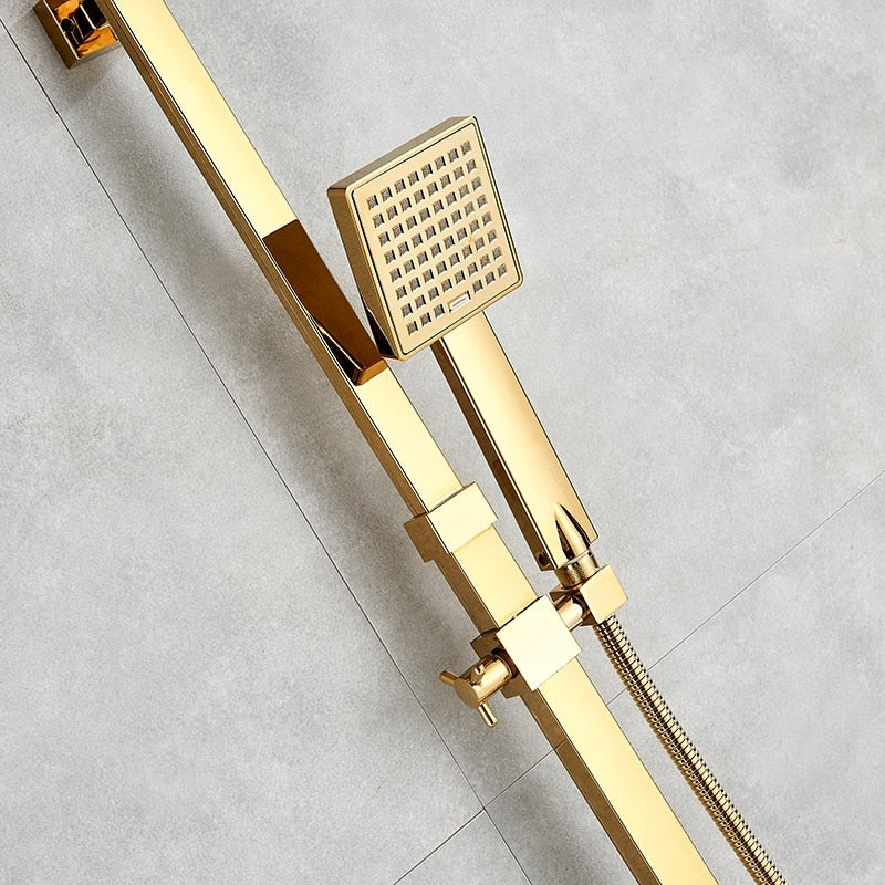 Square Gold Polish Luxury Relaxation Single Handle Wall Mount Shower with Hand-Held Shower