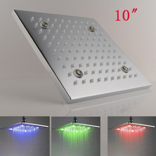 10" Chrome Finish Brass Body Square LED Shower Head