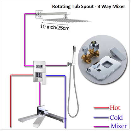 3 Functions Rain Shower Head Chrome Finish Wall Mount with Rotating Tub Spout