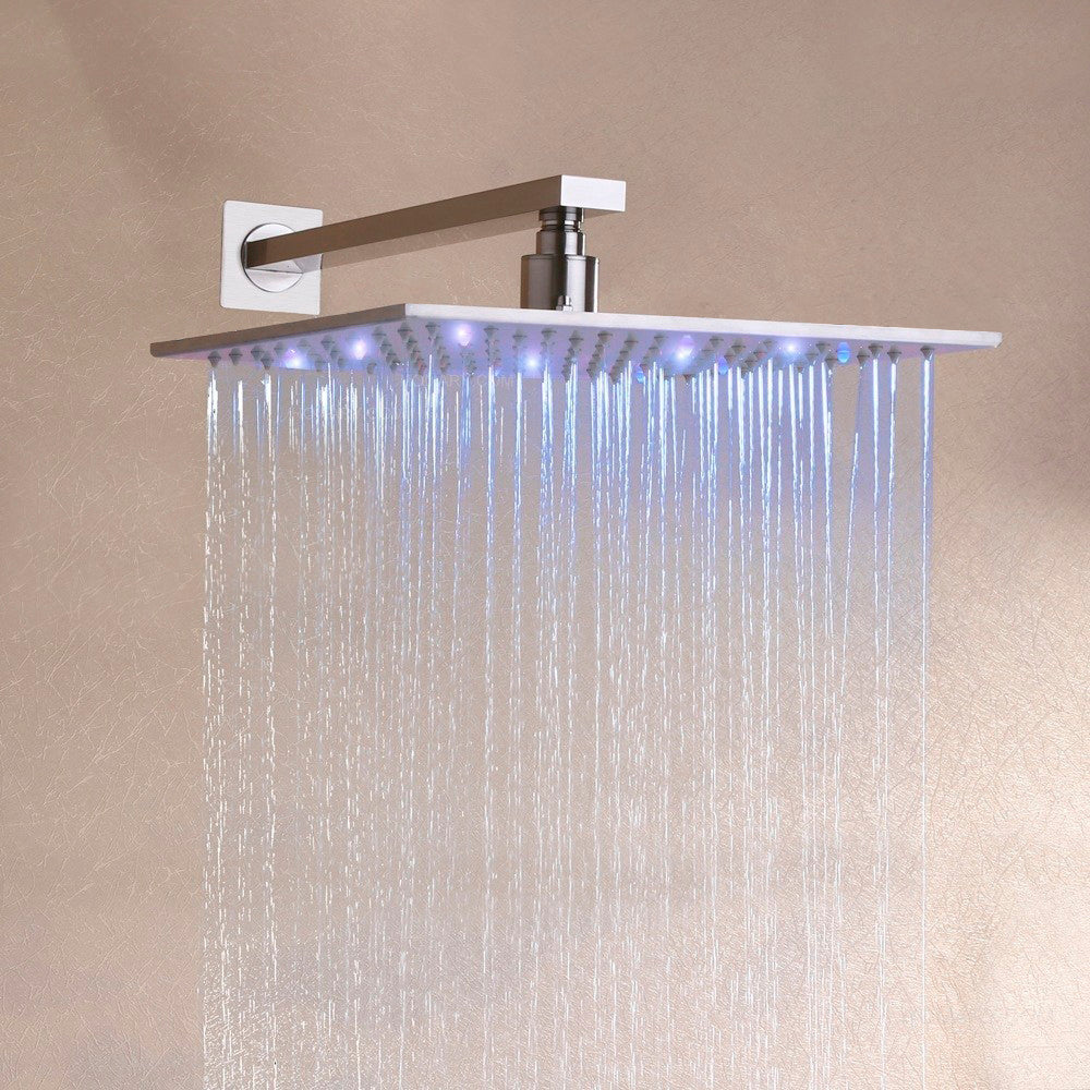 12 Inch Bathroom Square Brushed Nickle Overhead LED Rainfall Shower Head