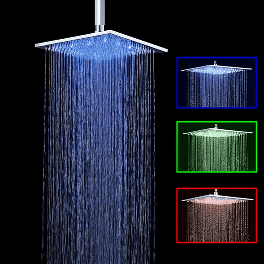 Juno 8", 10" and 12" 16" LED Rain Shower Head - Brass Chrome Square LED Shower Head