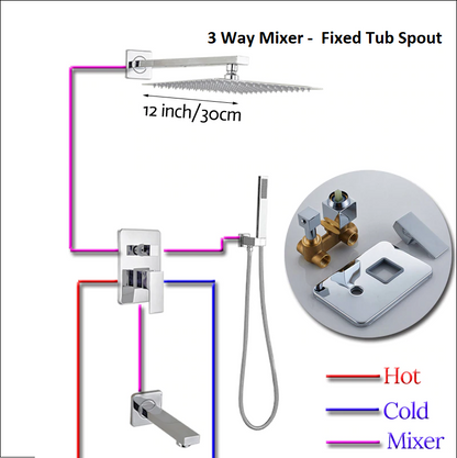 3 Functions Rain Shower Head Chrome Finish Wall Mount with Rotating Tub Spout