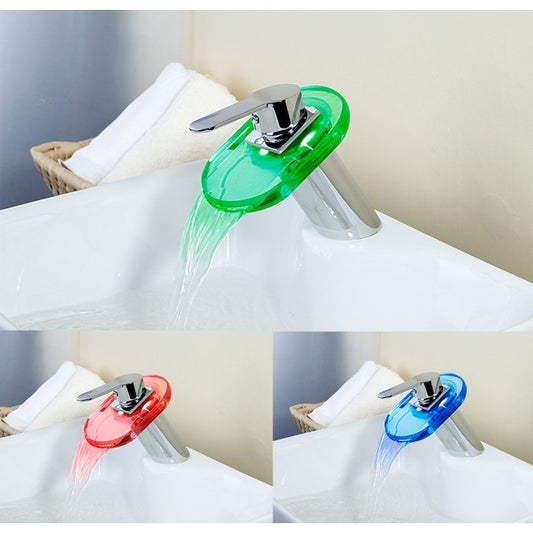 18CM Brass Chrome Finish Glass LED Bathroom Waterfall Sink Faucet 