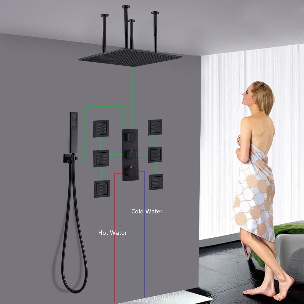 24" Dark Oil Rubbed Bronze Solid Brass LED Rain Shower Head with Body Jets & Handheld Shower