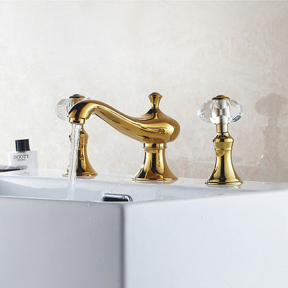Beautiful Golden Deck Mounted Crystal Handle Bathroom Mixer Faucet 