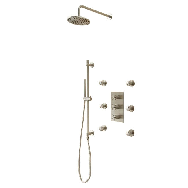 Cali Thermostatic Wall Mount Shower System With Six Body Jets in Brushed Nickel