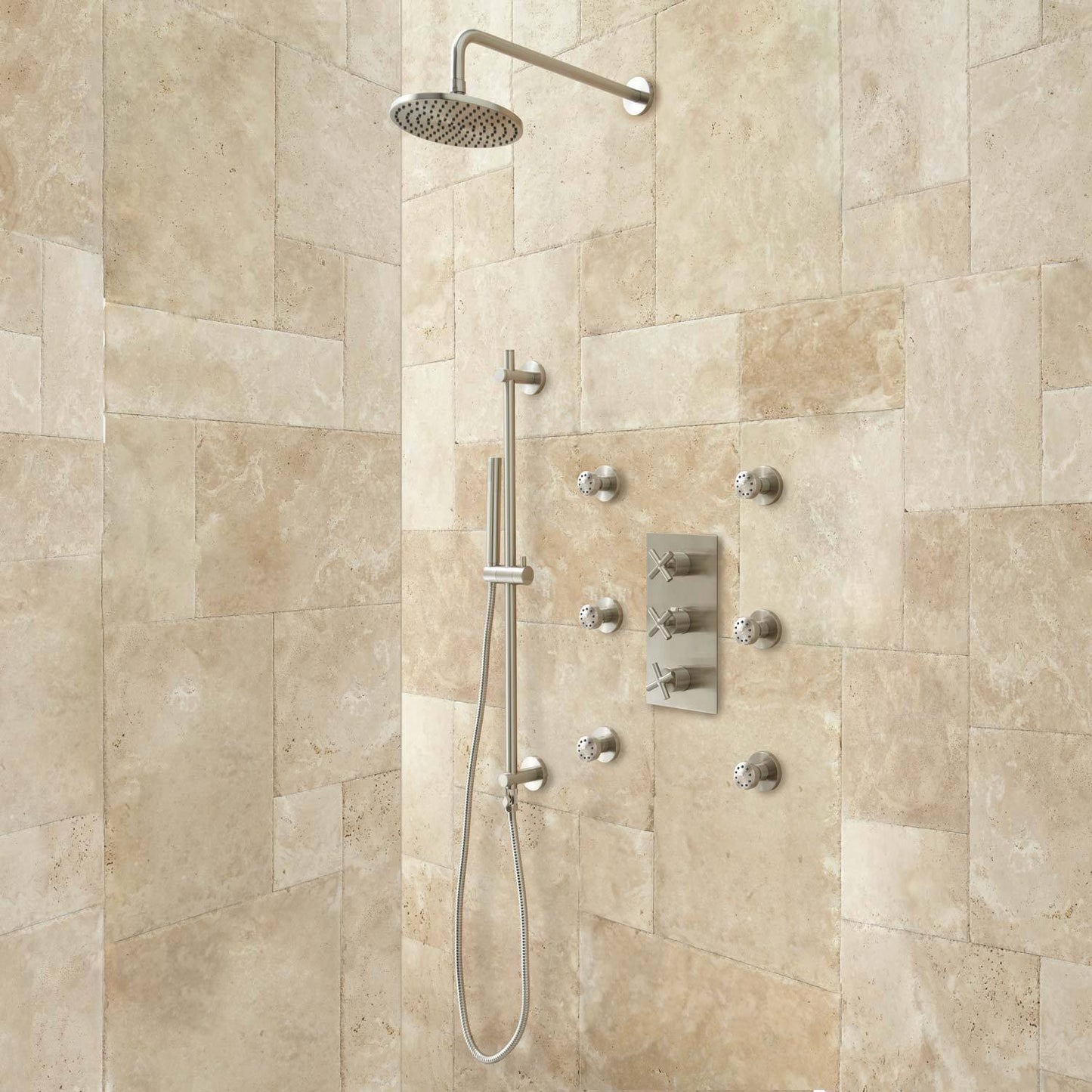Cali Thermostatic Wall Mount Shower System With Six Body Jets in Brushed Nickel
