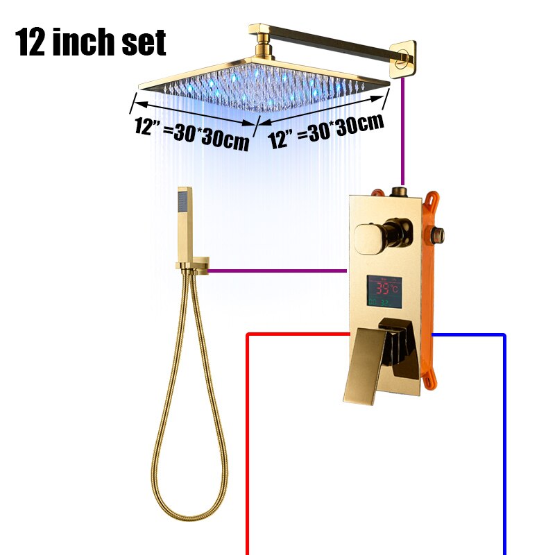 Juno Polished Gold 3 Way LCD Mixer Valve With Digital Display Bath Shower Faucet