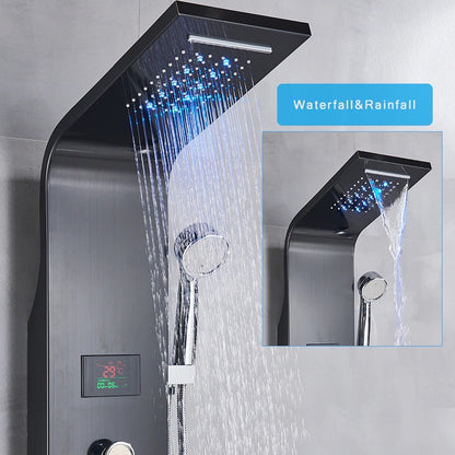 Juno Luxury LED Waterfall & Rainfall Stainless Steel Wall Mount Black Shower Panel