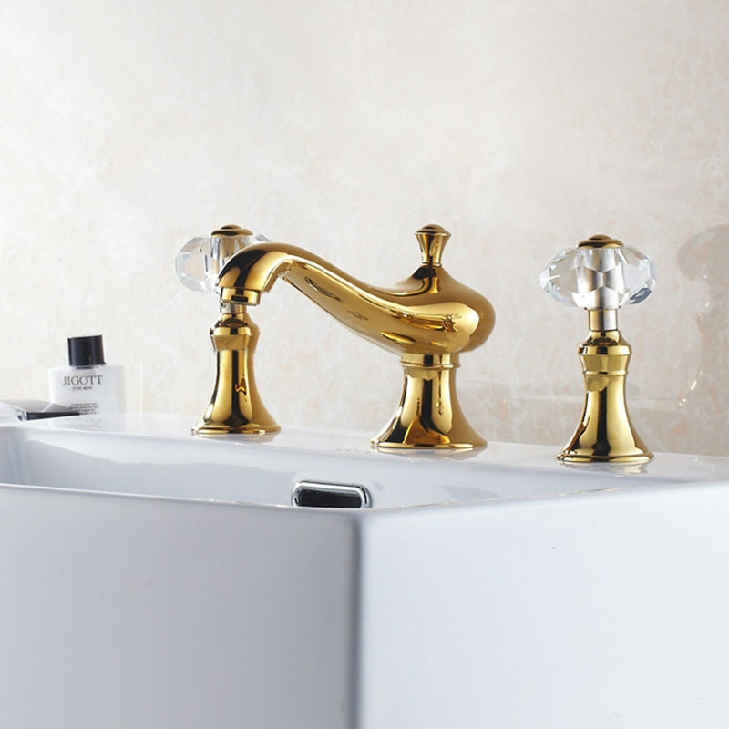 Beautiful Golden Deck Mounted Crystal Handle Bathroom Mixer Faucet 